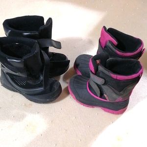 two winter snow boots together, pink US9, black US 10